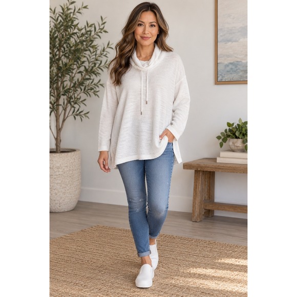 Jones New York Sweaters - Jones New York Pullover White Cowl Neck Textured Knit Coastal Chic Large Casual